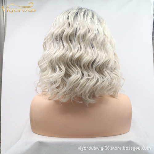 Short Ombre White Bob Body Wave Premium High Quality Curly Wholesale Women's Pixie Cut Synthetic Hair Wigs With 13x3 Lace Front